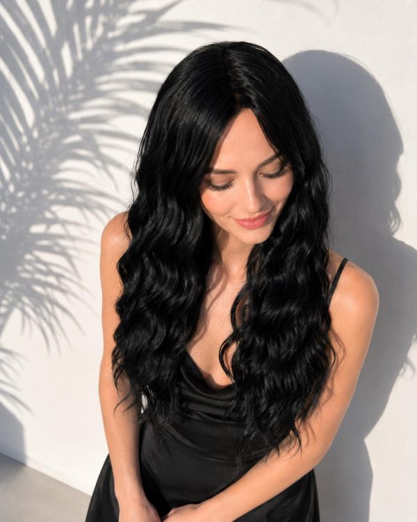 28 Inch Natural Black Long Layered Wavy Wig with Middle Part