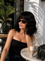 12 Inch Natural Black Short Wavy Bob Wig with Bangs