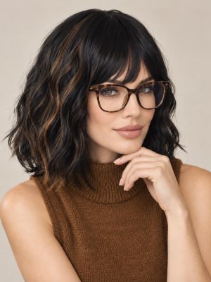 12 Inch Black and Caramel Highlight Short Wavy Bob Wig with Bangs