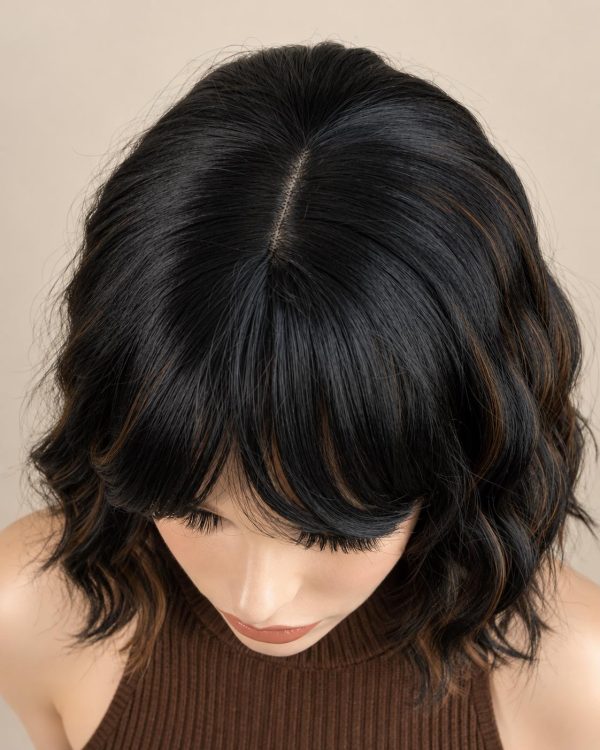 12 Inch Black and Caramel Highlight Short Wavy Bob Wig with Bangs