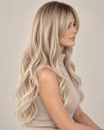 26 Inch Dark Beige Root Creamy Blonde Ombre Wavy Wig with Curtain Bangs