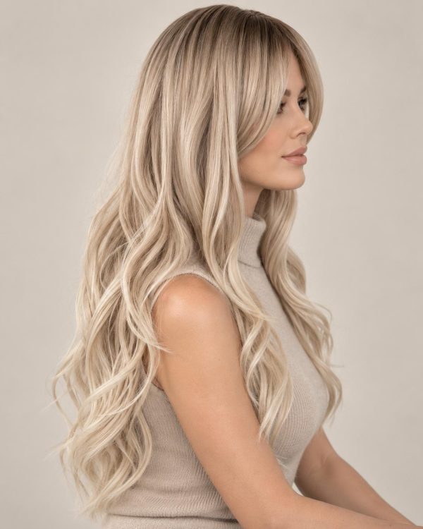 26 Inch Dark Beige Root Creamy Blonde Ombre Wavy Wig with Curtain Bangs