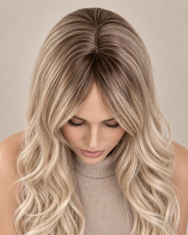26 Inch Dark Beige Root Creamy Blonde Ombre Wavy Wig with Curtain Bangs