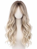 26 Inch Dark Beige Root Creamy Blonde Ombre Wavy Wig with Curtain Bangs