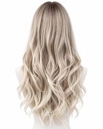26 Inch Dark Beige Root Creamy Blonde Ombre Wavy Wig with Curtain Bangs