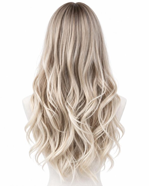 26 Inch Dark Beige Root Creamy Blonde Ombre Wavy Wig with Curtain Bangs