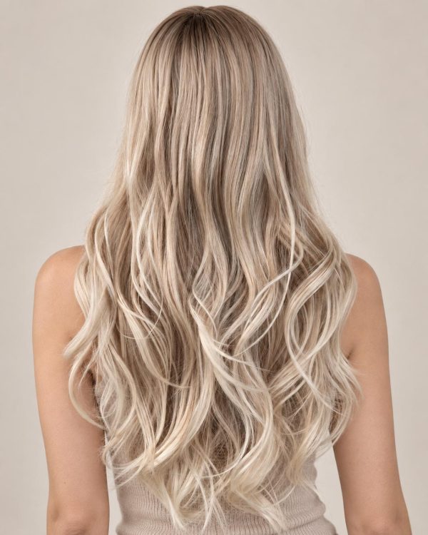 26 Inch Dark Beige Root Creamy Blonde Ombre Wavy Wig with Curtain Bangs