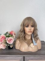 14 Inch Sand Blonde Layered Wavy Bob Wig with Bangs