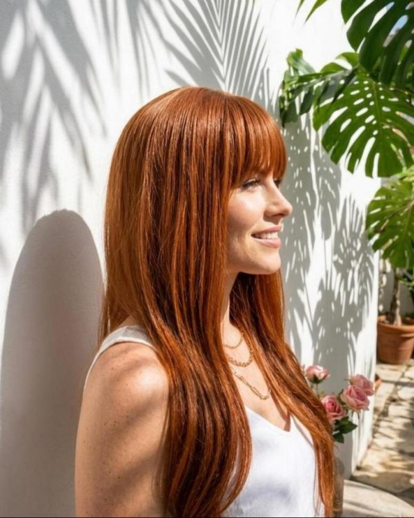 26 Inch Warm Copper Auburn Brown Long Layered Wig with Bangs