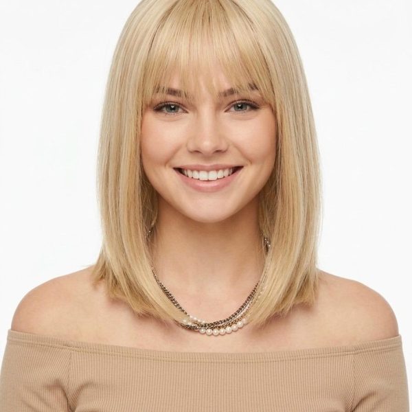 14 Inch Golden Blonde Layered Bob Wig with Wispy Bangs