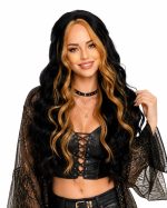 Black and Copper Orange Highlight Long Wavy Wig with Curtain Bangs