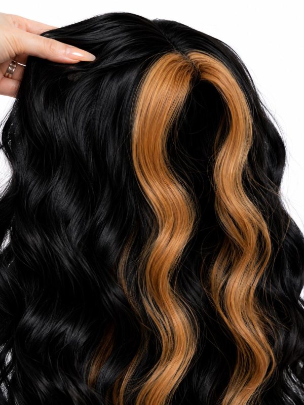 Black and Copper Orange Highlight Long Wavy Wig with Curtain Bangs