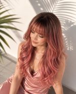 24 Inch Dark Brown Root Dusty Rose Pink Ombre Long Wavy Wig with Wispy Bangs