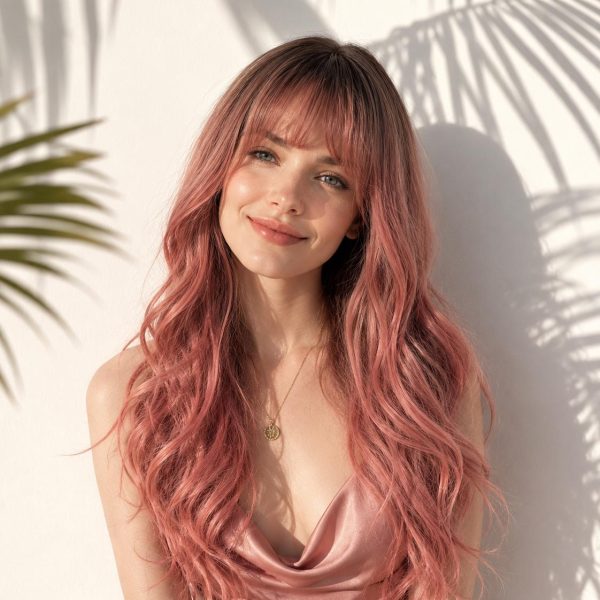 24 Inch Dark Brown Root Dusty Rose Pink Ombre Long Wavy Wig with Wispy Bangs