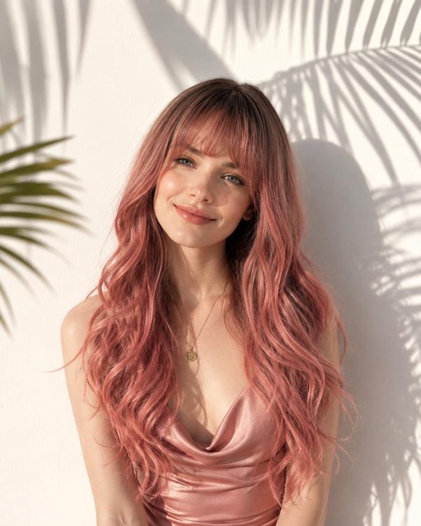 24 Inch Dark Brown Root Dusty Rose Pink Ombre Long Wavy Wig with Wispy Bangs