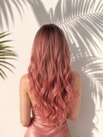 24 Inch Dark Brown Root Dusty Rose Pink Ombre Long Wavy Wig with Wispy Bangs