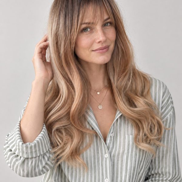 24 Inch Dark Root Cool Beige Blonde Long Wavy Wig with Wispy Bangs