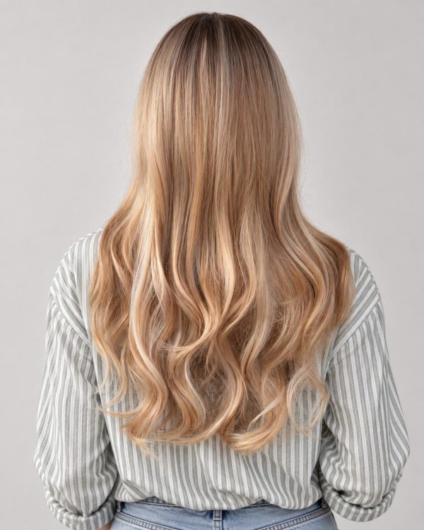 24 Inch Dark Root Cool Beige Blonde Long Wavy Wig with Wispy Bangs