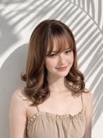 14 Inch Warm Brunette Wavy Bob Wig with Wispy Bangs