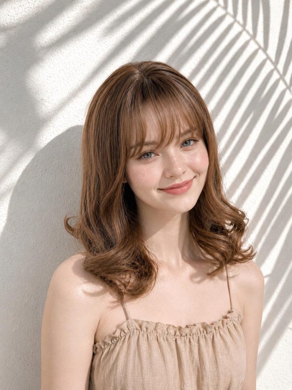 14 Inch Warm Brunette Wavy Bob Wig with Wispy Bangs